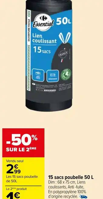 Carrefour Market 15 sacs poubelle 50 L offre