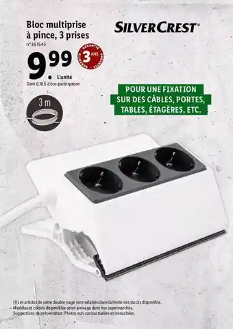 Lidl Bloc Multiprise à Pince, 3 Prises Silver Crest offre