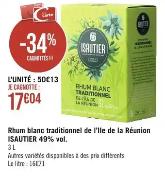 Rhum blanc traditionnel de l'lle de la Réunion ISAUTIER 49% vol.