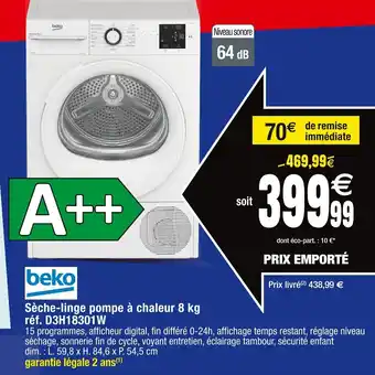 Cora x Carrefour Sèche-linge pompe à chaleur 8 kg offre