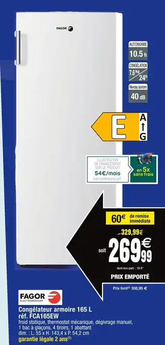 Cora x Carrefour Congélateur armoire 165 L réf. FCA165EW offre