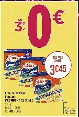 Casino Supermarchés Président emmental râpé fondant 28% m.g offre