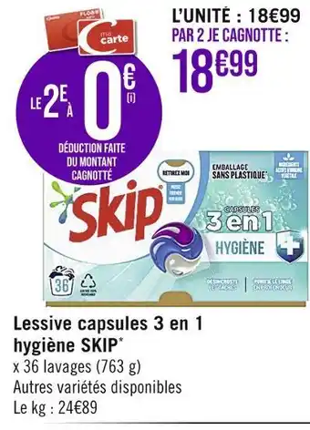 Casino Supermarchés Skip lessive capsules 3 en 1 hygiène offre