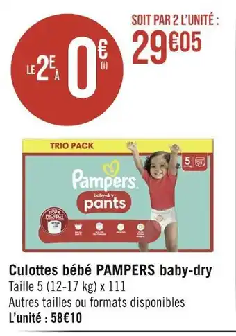 Casino Supermarchés Pampers culottes bébé baby-dry offre