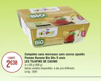 Casino Supermarchés Les tilapins de casino compotes sans morceaux sans sucres ajoutés pomme banane bio dès 5 mois offre
