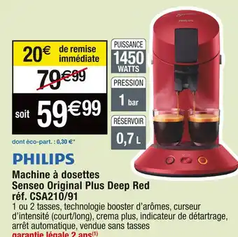 Cora x Carrefour Philips machine à dosettes senseo original plus deep red réf. csa210/91 offre
