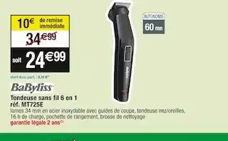 Cora x Carrefour Babyliss tondeuse sans fil 6 en 1 réf. mt725e offre