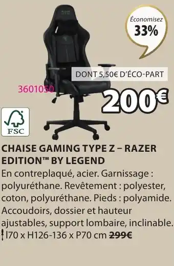 JYSK CHAISE GAMING TYPE Z - RAZER EDITION BY LEGEND offre