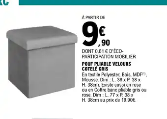 E.Leclerc POUF PLIABLE VELOURS COTELÉ GRIS offre