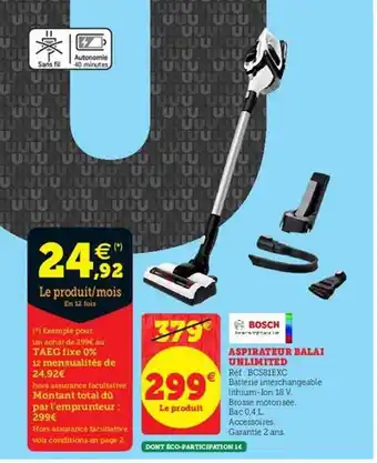 Hyper U Bosch Aspirateur Balai Unlimited BCS81EXC offre