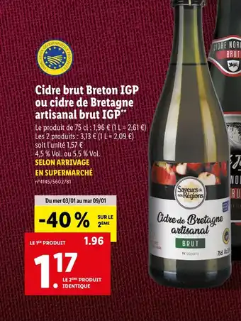 Lidl Saveurs de nos régions cidre brut breton igp ou cidre de bretagne artisanal brut igp offre
