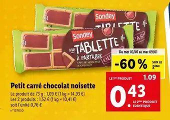 Lidl Sondey petit carré chocolat noisette offre