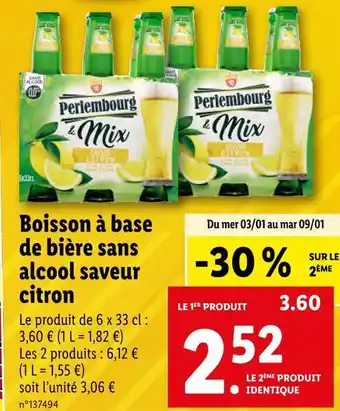 Lidl Perlembourg boisson à base de bière sans alcool saveur citron offre