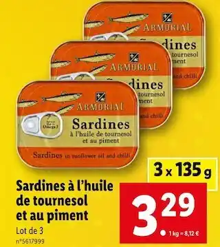 Lidl Armorial sardines à l’huile de tournesol et au piment offre