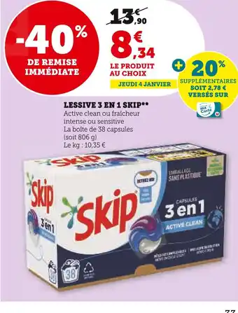 Super U Skip lessive 3 en 1 offre