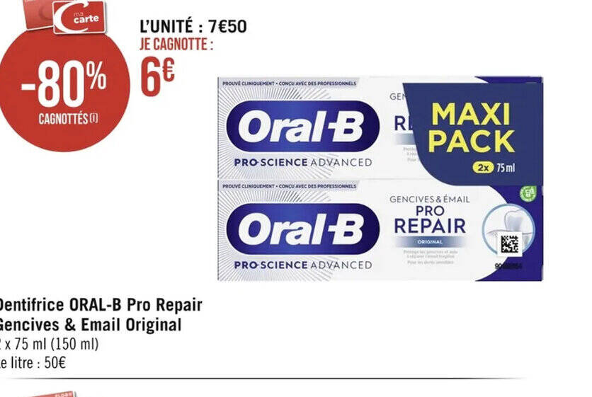 Promo Dentifrice ORALB Pro Repair Gencives & Email Original chez