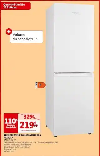 Auchan Radiola réfrigérateur congélateur bas offre