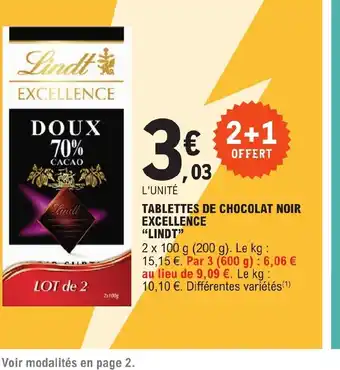 E.Leclerc TABLETTES DE CHOCOLAT NOIR EXCELLENCE "LINDT" offre