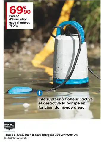 Mac allister pompe d’évacuation d’eaux chargées 750 w/14000 l/h