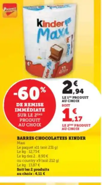 Hyper U BARRES CHOCOLATEES KINDER offre