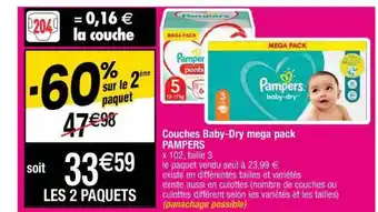 Cora x Carrefour Couches Baby-dry Mega Pack Pampers offre