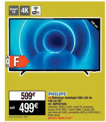 Cora x Carrefour Téléviseur Ambilight Uhd Led 4k 146 Cm 58 offre