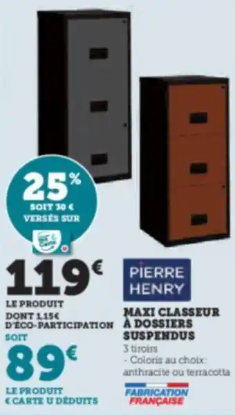 Hyper U MAXI CLASSEUR À DOSSIERS SUSPENDUS 3 tiroirs offre