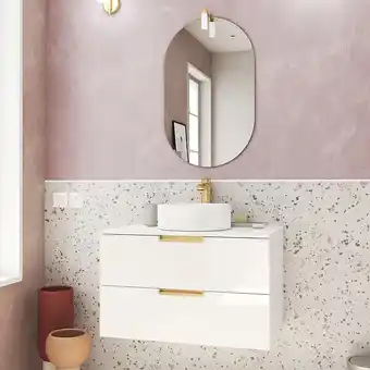 Brico Cash Meuble salle de bains 80cm laqué blanc et or doré 2 tiroirs - vasque blanche - miroir & applique led offre