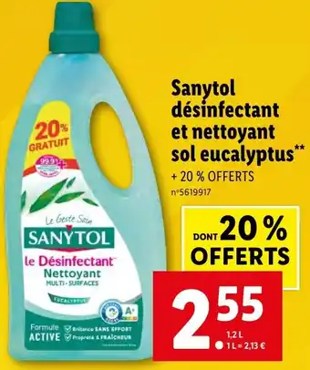 Lidl Sanytol désinfectant et nettoyant sol eucalyptus** offre