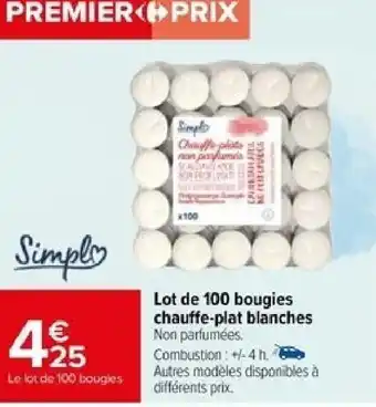 Carrefour Lot de 100 bougies chauffe-plat blanches offre