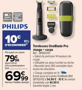 Carrefour Tondeuses OneBlade Pro visage + corps offre