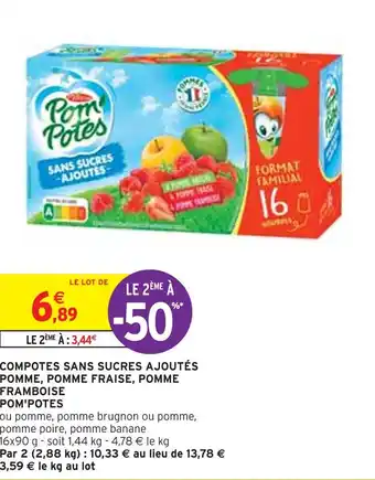 Intermarché Pom'potes compotes sans sucres ajoutés pomme, pomme fraise, pomme framboise offre