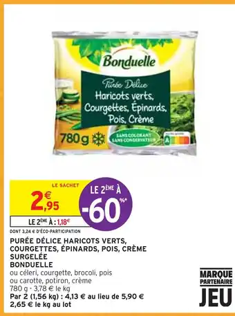 Intermarché Bonduelle purée délice haricots verts, courgettes, épinards, pois, crème surgelée offre
