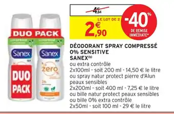 Intermarché Sanex déodorant spray compressé 0% sensitive(b) offre