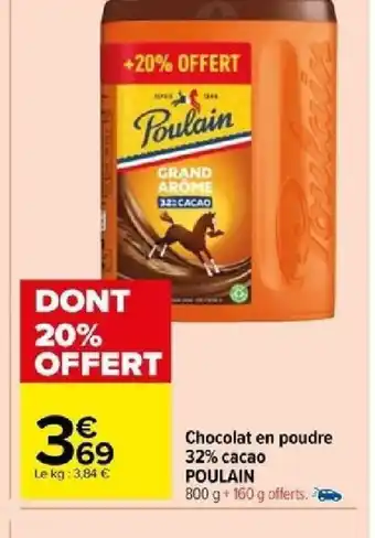 Carrefour Chocolat en poudre 32% cacao POULAIN offre