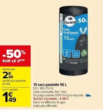 Carrefour 15 sacs poubelle 50 L offre