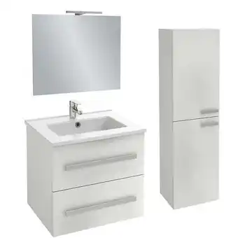 Brico Cash Meuble vasque jacob delafon ola up + colonne de salle de bain + miroir et spots | blanc brillant offre