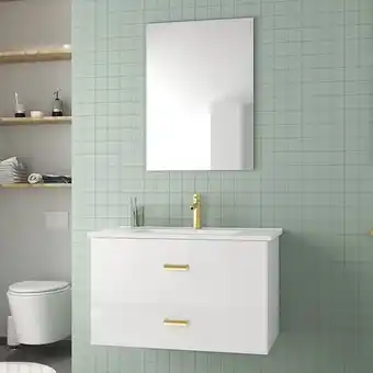 Brico Cash Meuble salle de bains 80 cm laqué blanc et or doré à tiroirs avec vasque céramique et miroir offre