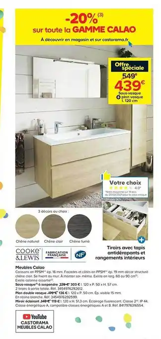 Castorama Meubles Calao, Sous-vasque à Suspendre, Plan Double Vasque, Miroir éclairant offre