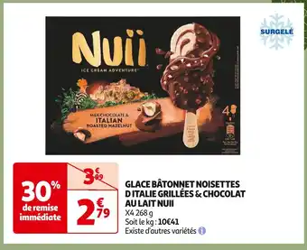 Auchan Supermarché Nuii glace bâtonnet noisettes d italie grillées & chocolat au lait offre