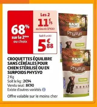 Auchan Supermarché Physyo croquettes équilibre sans céréales pour chien stérilisé ou en surpoids offre