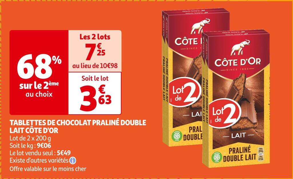 Promo Côte d'or tablettes de chocolat praliné double lait chez Auchan