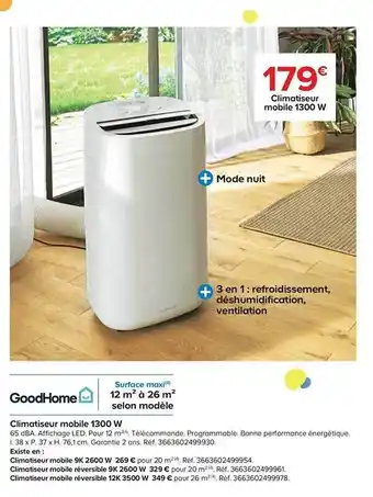 Castorama Climatiseur Mobile 1300 W Goodhome offre