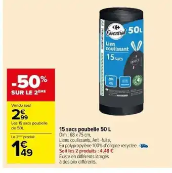 Carrefour 15 sacs poubelle 50 L offre