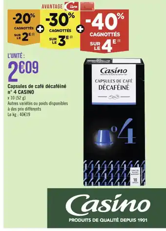 Casino Supermarchés Capsules de café décaféiné offre