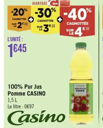 Casino Supermarchés 100% Pur Jus Pomme CASINO 1,5 L offre