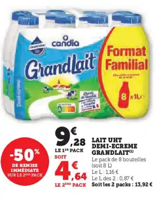 Super U LAIT UHT DEMI-ECREME GRANDLAIT(¹) offre