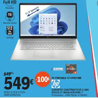 E.Leclerc PC PORTABLE 17-CP0013NF offre