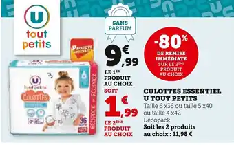 Super U CULOTTES ESSENTIEL U TOUT PETITS offre