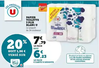 Super U PAPIER TOILETTE 3 PLIS BLANC U offre